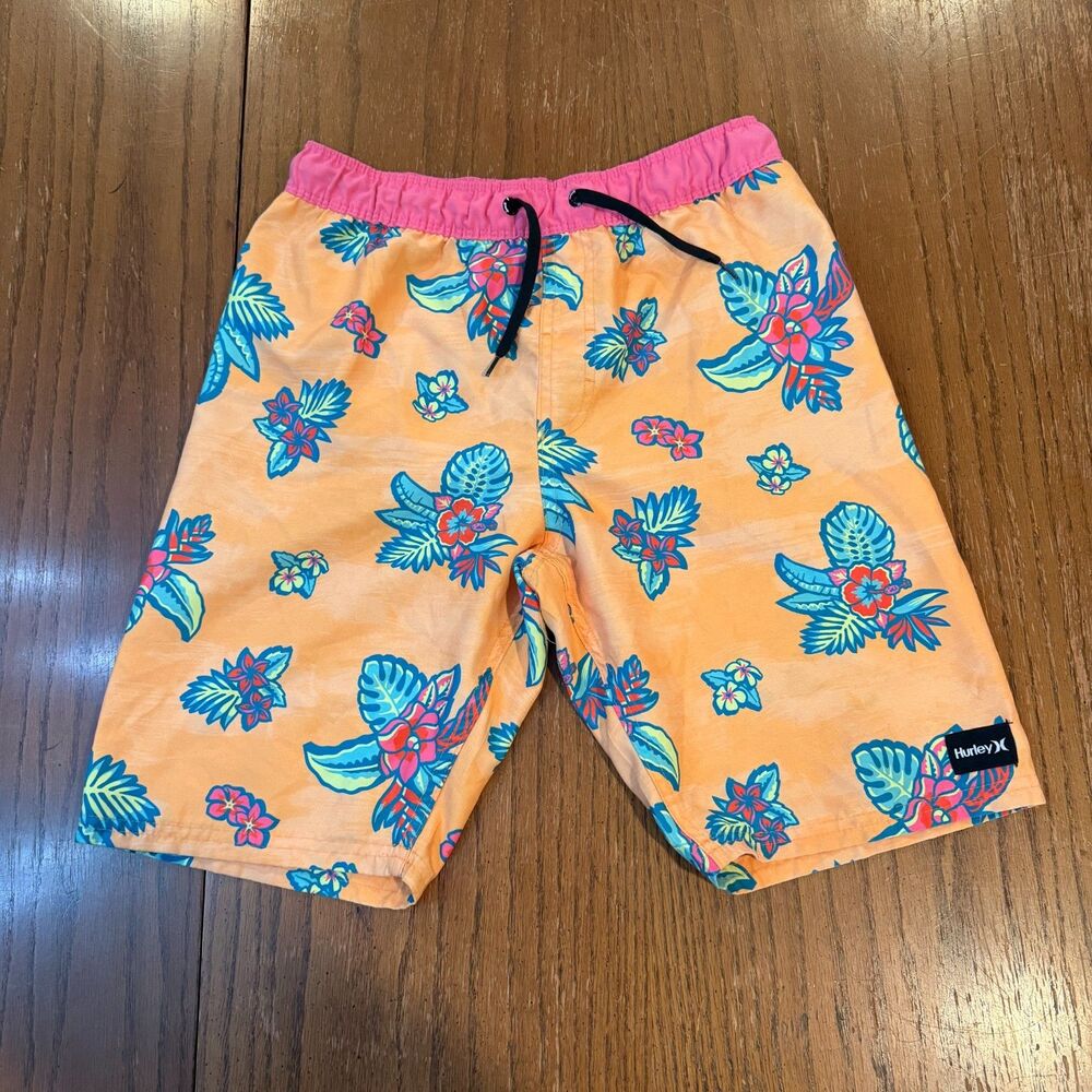 Hurley Youth Boys Board Shorts L 12-13 Years Tropical Floral Swim Trunks Orange
